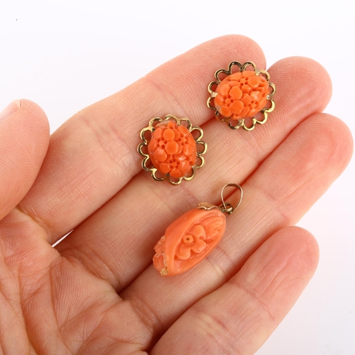 1335 - A matched coral demi-parure, comprising 14ct gold pendant and pair of 9ct earrings, pendant height 2... 