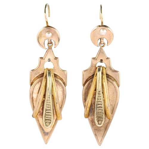 1152 - A pair of 19th century French two-colour gold drop earrings, with split pearl crescent moon shepherd... 