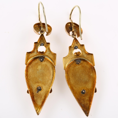 1152 - A pair of 19th century French two-colour gold drop earrings, with split pearl crescent moon shepherd... 