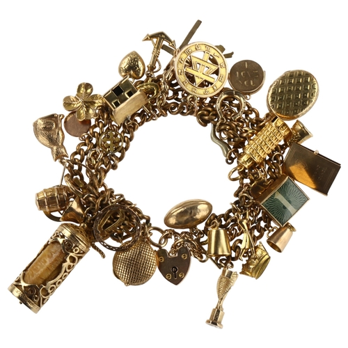 1157 - A triple curb link charm bracelet, unmarked yellow metal settings, with 33 x 9ct charms, 1 x 18ct Le... 