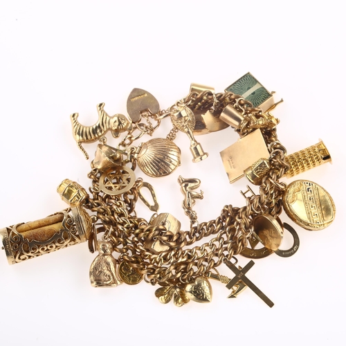 1157 - A triple curb link charm bracelet, unmarked yellow metal settings, with 33 x 9ct charms, 1 x 18ct Le... 