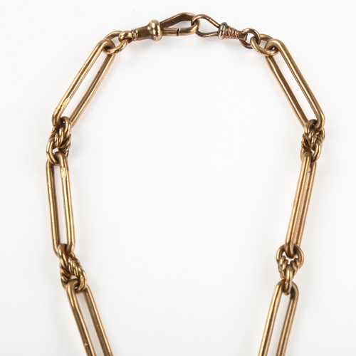 1158 - An Antique 9ct rose gold trombone and rope twist link Albert chain necklace, with 9ct T-bar and 2 do... 