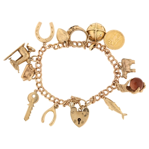 1159 - A 9ct gold double curb link charm bracelet, with 9ct padlock clasp with 1 x 18ct charm, and 11 x 9ct... 