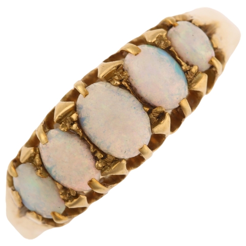 1162 - An early 20th century 18ct gold graduated five stone opal half hoop ring, set with oval cabochon opa... 