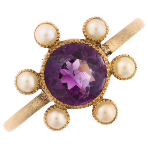 1165 - An Edwardian amethyst and split pearl dress ring, unmarked gold settings, setting height 13.4mm, siz... 