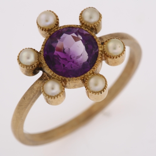 1165 - An Edwardian amethyst and split pearl dress ring, unmarked gold settings, setting height 13.4mm, siz... 