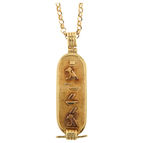 1170 - An Egyptian 18ct gold hieroglyphics tablet pendant necklace, on 9ct belcher link chain, pendant heig... 