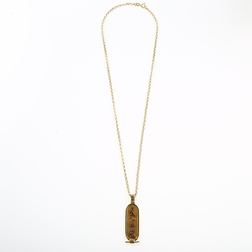 1170 - An Egyptian 18ct gold hieroglyphics tablet pendant necklace, on 9ct belcher link chain, pendant heig... 