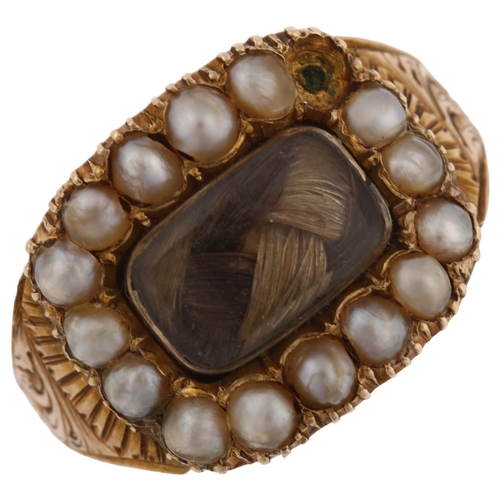 1171 - A Georgian pearl and hairwork mourning ring, gold closed-back settings with plaited hair beneath con... 