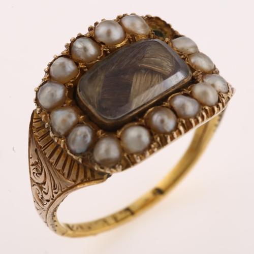 1171 - A Georgian pearl and hairwork mourning ring, gold closed-back settings with plaited hair beneath con... 