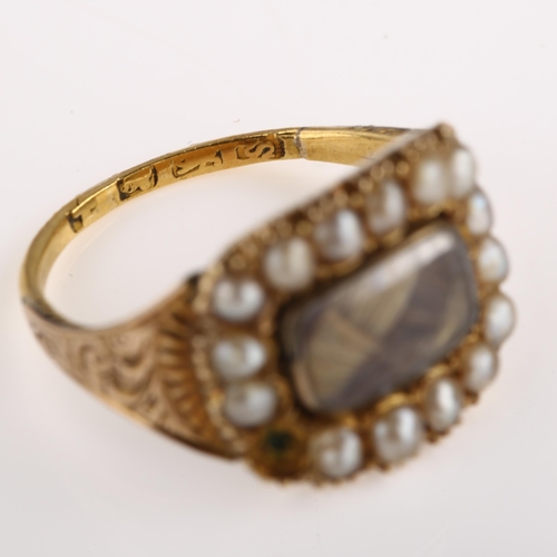 1171 - A Georgian pearl and hairwork mourning ring, gold closed-back settings with plaited hair beneath con... 