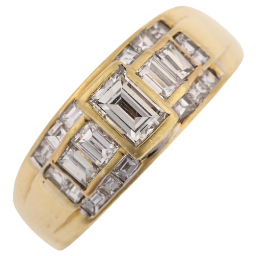 1174 - An 18ct gold diamond band ring, set with rectangular and square step-cut diamonds, total diamond con... 