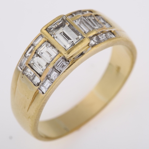 1174 - An 18ct gold diamond band ring, set with rectangular and square step-cut diamonds, total diamond con... 