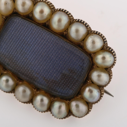 1175 - A Georgian split pearl mourning brooch, unmarked yellow metal closed-back settings with moire silk p... 