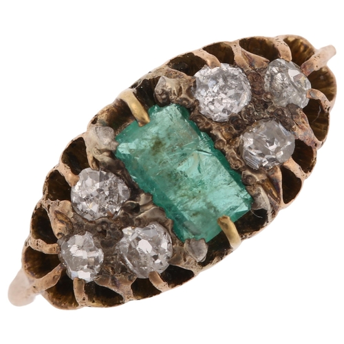 1176 - An Antique emerald and diamond half hoop ring, unmarked yellow metal settings with rectangular step-... 