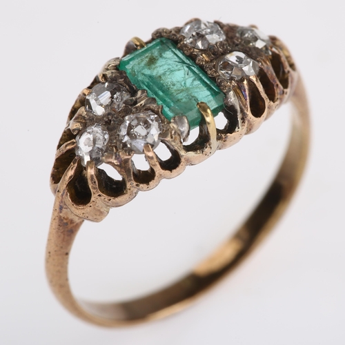 1176 - An Antique emerald and diamond half hoop ring, unmarked yellow metal settings with rectangular step-... 