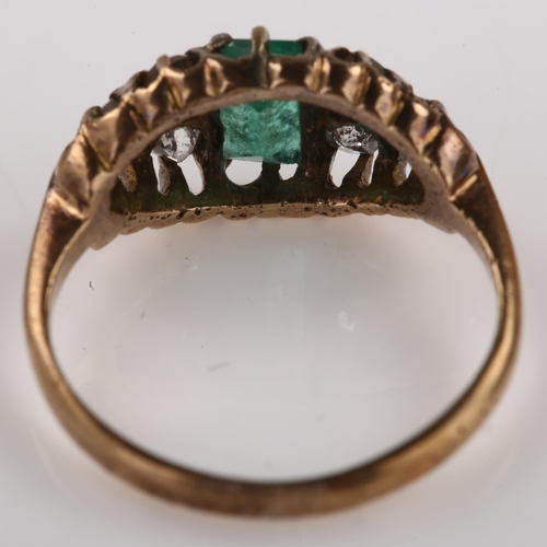 1176 - An Antique emerald and diamond half hoop ring, unmarked yellow metal settings with rectangular step-... 