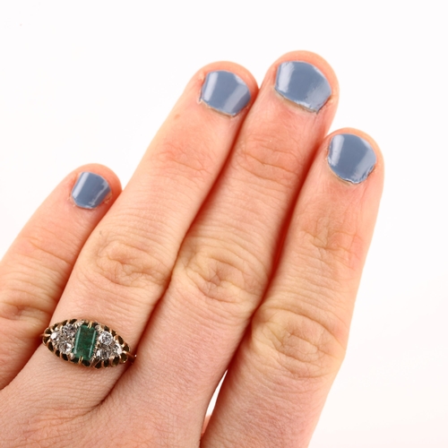 1176 - An Antique emerald and diamond half hoop ring, unmarked yellow metal settings with rectangular step-... 