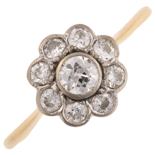 1178 - A mid-20th century diamond cluster flowerhead ring, unmarked gold settings, set with modern round br... 