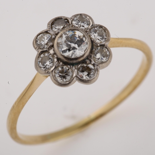 1178 - A mid-20th century diamond cluster flowerhead ring, unmarked gold settings, set with modern round br... 