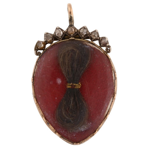 1185 - A Georgian diamond and hairwork double-sided locket pendant, pear shape with unmarked gold and silve... 