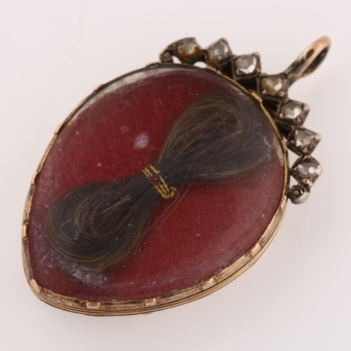 1185 - A Georgian diamond and hairwork double-sided locket pendant, pear shape with unmarked gold and silve... 