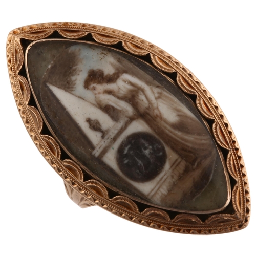 1187 - A Georgian navette miniature portrait mourning ring, unmarked rose gold closed-back settings with mi... 