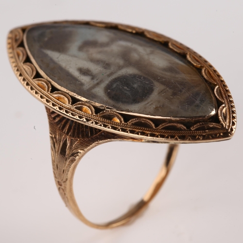 1187 - A Georgian navette miniature portrait mourning ring, unmarked rose gold closed-back settings with mi... 