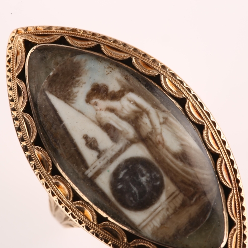 1187 - A Georgian navette miniature portrait mourning ring, unmarked rose gold closed-back settings with mi... 