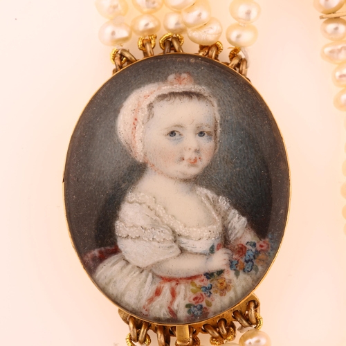 1188 - A Georgian portrait miniature watercolour on ivory panel bracelet, unmarked gold closed-back setting... 