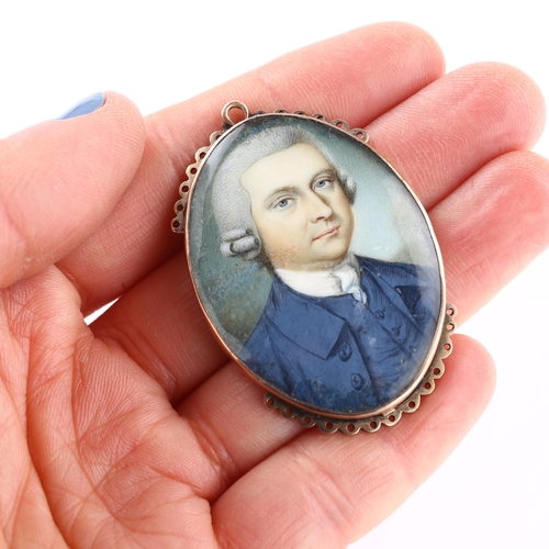 1189 - A Georgian portrait miniature watercolour on ivory pendant/clasp, unmarked rose gold closed-back set... 