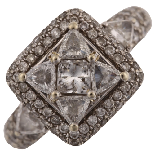 1195 - A modern 14ct white gold diamond cluster ring, set with Princess trilliant and modern round brillian... 