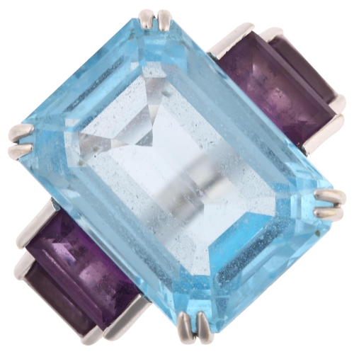 1214 - A large Art Deco style 18ct white gold blue topaz and amethyst cocktail ring, maker's marks JMS, hal... 