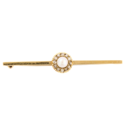 1224 - An 18ct gold whole pearl and diamond cluster bar brooch, set with old-cut diamonds, brooch length 52... 