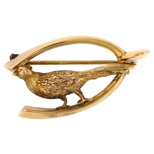 1227 - An Edwardian 9ct gold hunting brooch, depicting a pheasant and wishbone, maker's marks H and N, indi... 