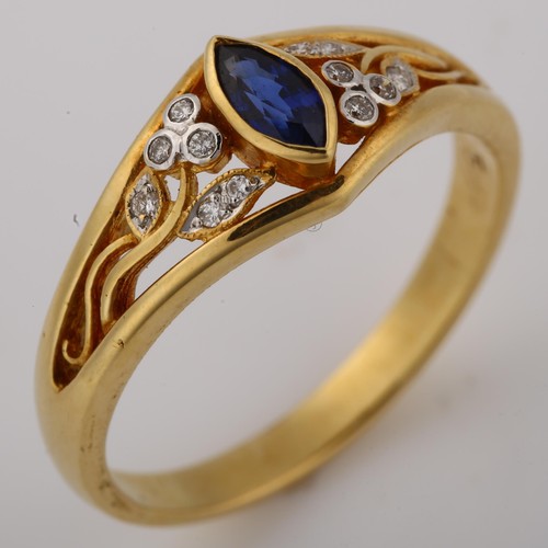 1209 - A Continental 18ct gold synthetic sapphire and diamond dress ring, set with marquise sapphire and mo... 