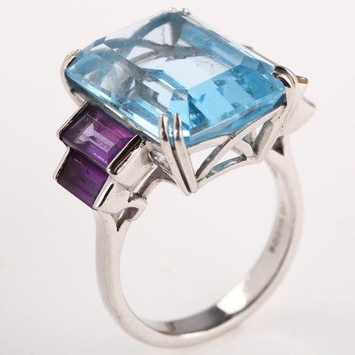 1214 - A large Art Deco style 18ct white gold blue topaz and amethyst cocktail ring, maker's marks JMS, hal... 