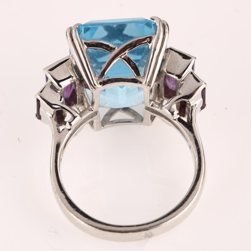 1214 - A large Art Deco style 18ct white gold blue topaz and amethyst cocktail ring, maker's marks JMS, hal... 