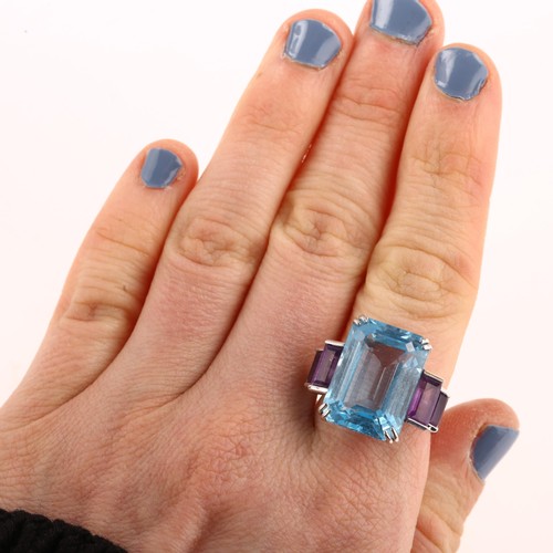 1214 - A large Art Deco style 18ct white gold blue topaz and amethyst cocktail ring, maker's marks JMS, hal... 