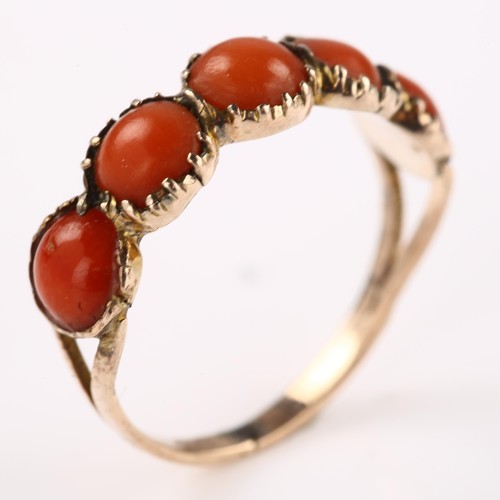 1217 - A Georgian five stone coral dress ring, unmarked rose gold closed-back settings, setting height 5.4m... 