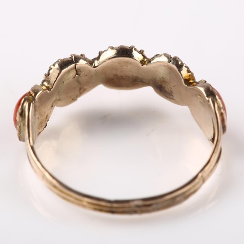 1217 - A Georgian five stone coral dress ring, unmarked rose gold closed-back settings, setting height 5.4m... 