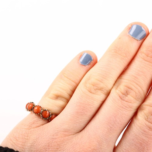 1217 - A Georgian five stone coral dress ring, unmarked rose gold closed-back settings, setting height 5.4m... 