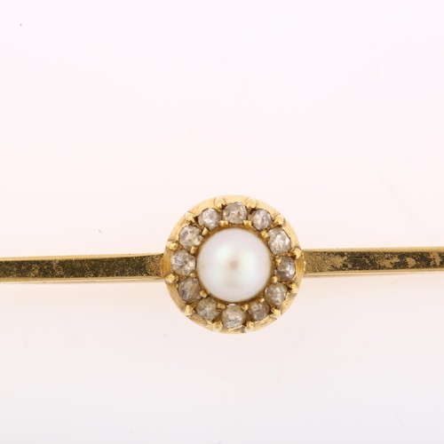 1224 - An 18ct gold whole pearl and diamond cluster bar brooch, set with old-cut diamonds, brooch length 52... 