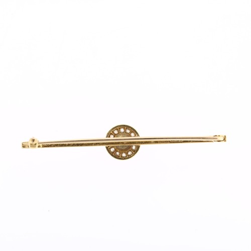 1224 - An 18ct gold whole pearl and diamond cluster bar brooch, set with old-cut diamonds, brooch length 52... 