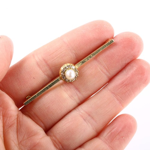 1224 - An 18ct gold whole pearl and diamond cluster bar brooch, set with old-cut diamonds, brooch length 52... 