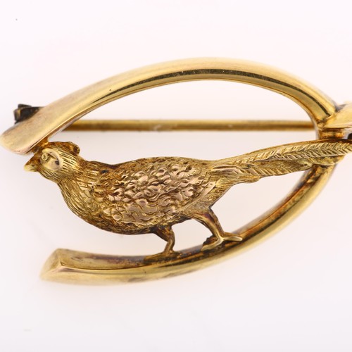 1227 - An Edwardian 9ct gold hunting brooch, depicting a pheasant and wishbone, maker's marks H and N, indi... 