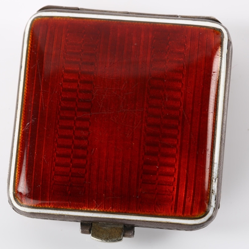 1036 - An Art Deco sterling silver and red enamel travelling bedside timepiece, square silvered dial with A... 