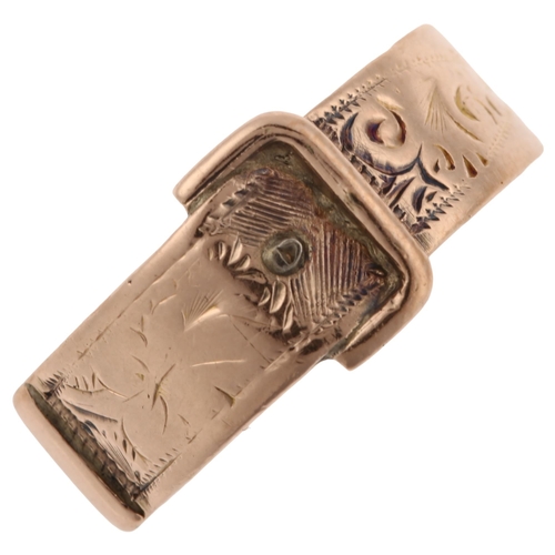 1232 - An early 20th century 9ct rose gold belt buckle band ring, with engraved floral decoration, maker's ... 