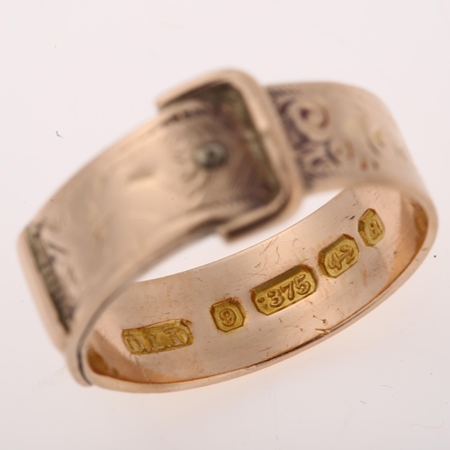 1232 - An early 20th century 9ct rose gold belt buckle band ring, with engraved floral decoration, maker's ... 