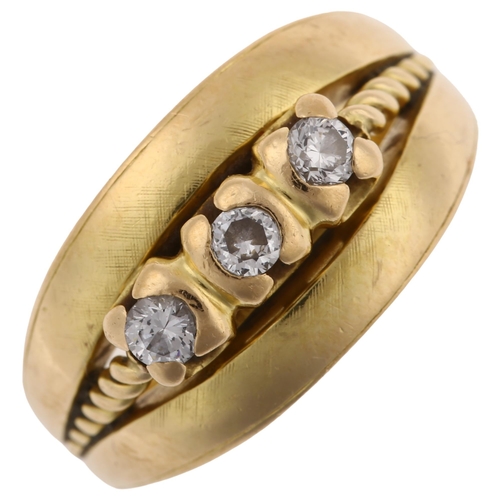 1244 - An 18ct gold three stone diamond gypsy ring, bezel set with modern round brilliant-cut diamonds, tot... 